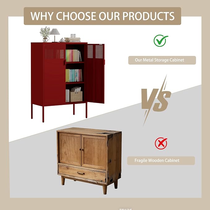 3-Tier Metal Storage Cabinet with 2 Adjustable Shelves & Mesh Doors | 2 Metal Locker Accent Cabinet with Legs, Red Storage Cabinets, Metal TV Stand Cabinet for Home Office, Entryway & Hallway