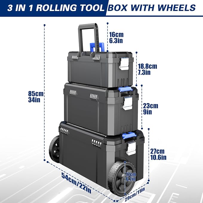 3 IN 1 Rolling Tool Box With Wheels,Stackable Tool Box,Modular Tools Storage Organizer,Top Small Parts Organizer Design,With Removable Small Parts Box,for Home,Repair,Garage Storage,17 IN+19 IN+21 IN