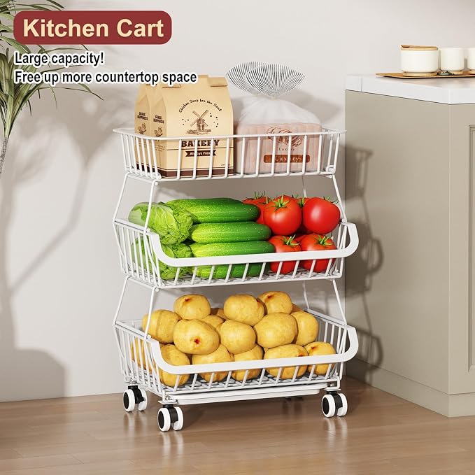 3-Tier Rolling Pantry Cart with Wheels, Stackable Wire Storage Floor Organizer for Kitchen Pantry Snack Shelves, Fruit Basket Stand, Vegetable Storage Rack for Food Snacks Onion Potato, White