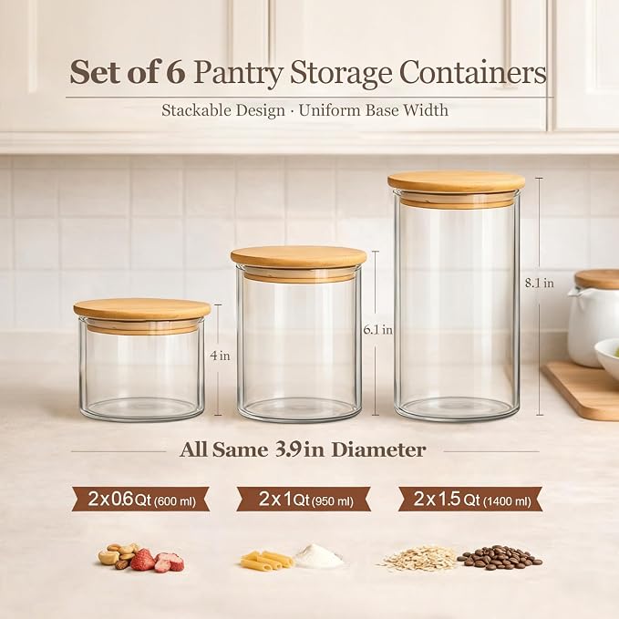 ComSaf Glass Storage Containers with Lids, Set of 6 Jars (0.6Qt/1Qt/1.5Qt) | Glass Pantry Storage Containers, Pantry Organization, BPA Free, Kitchen Canisters, Dry Food Flour Cereal Sugar Tea Coffee