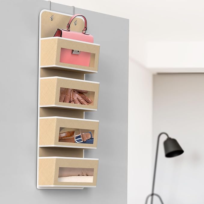 Simple Houseware 4 Clear Window Pocket Over Door Hanging Organizer, Beige | Over the Door Storage for Closet, Bedroom, Bathroom, Pantry