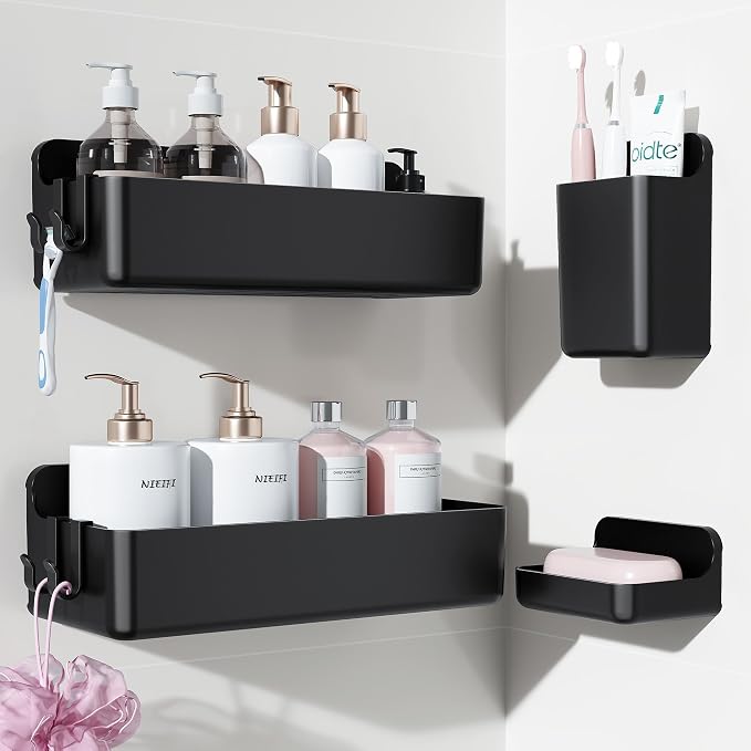 Nieifi Adhesive Shower Shelves, Black, 4 Pieces | Rustproof ABS, Large Capacity, Removable Design, Easy-Clean, No Drilling Shower Organizer for Bathroom Storage & Home Decor