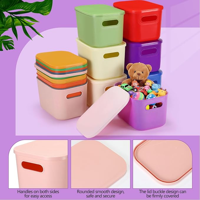 Thyle 12 Pack Richly Colorful Plastic Storage Bins with Lids 7 Quart Toy Storage Box Stackable Nestable Organizer Boxes with Handle and Labels for Classroom Shelf Bedroom Desktop Toys School Supplies