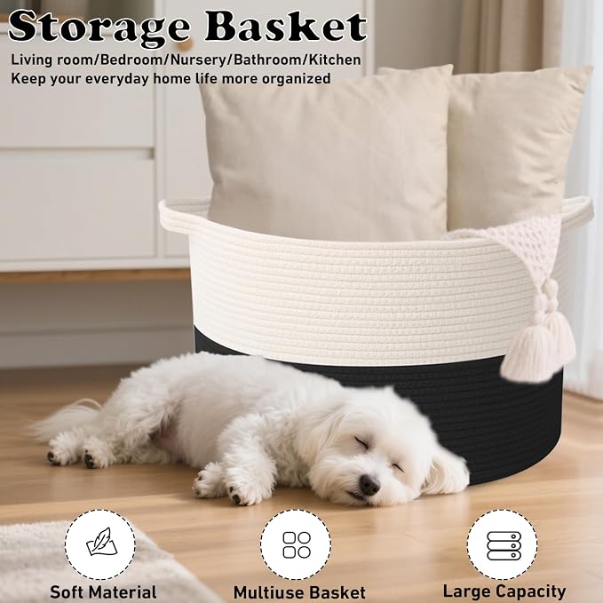 65L Large Blanket Basket,Woven Rope Laundry Basket-White&Black | Collapsible, reinforced handles, nursery storage bin organizes clothes, toys and pillows for living room, bedroom bathroom