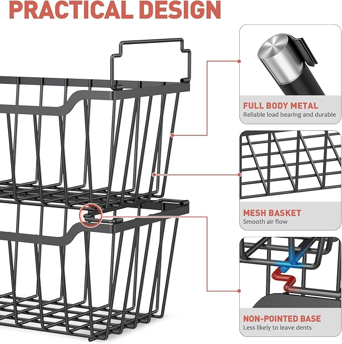 Goovilla Freezer Organizer Bins for 5-7 Cu.FT Chest Freezer, 8 Pack Black | Foldable Handle Stackable Freezer Baskets, Coated Metal Freezer Storage Bins with Better Space Utilization, Deep Organization