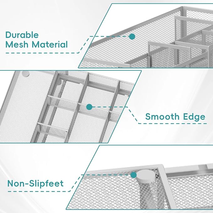 Expandable Desk Drawer Organizer, 10 Adjustable Compartments, White | Metal mesh drawer organizer tray with 5 removable dividers, expands from 8.74 to 16 in for office supplies, makeup or tools