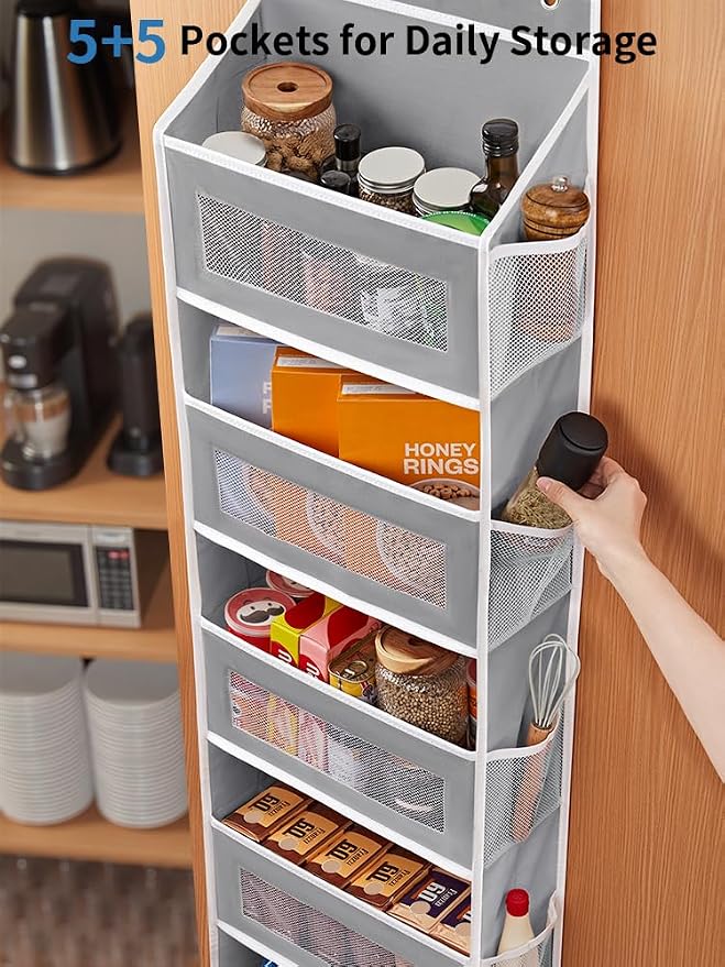 JARLINK Over the Door Organizer for Pantry, Bathroom, 5 Shelf Grey, 2 Pack | Anti-Tilt Design, 44 lb Load Capacity, Hanging Door Organizer with 5 Large Capacity Pockets, Behind Door Storage for Nursery