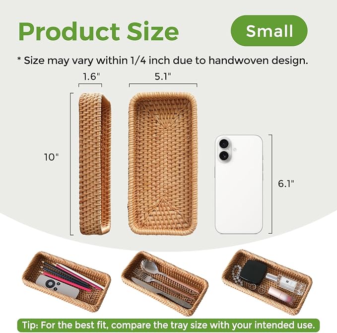 Small Rattan Serving Tray, Natural Wicker Decorative Tray (10" × 5.1") | Handwoven Tray for Trinket Ring Cosmetic, Rectangle Keys Basket Jewelry Perfume Trays for Coffee Table Entryway Living Room