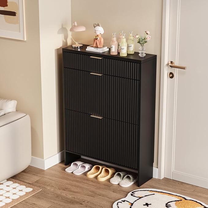 Fluted Shoe Cabinet Storage with 2 Flip Drawers & 1 Drawers, Wood Narrow Hidden Shoe Cabinet for Entryway, Freestanding Slim Shoe Rack Organizer for Foyer Hallway Living Room(Black)