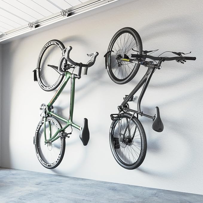monTEK Swivel Bike Wall Mount, Bike Hangers for Garage, 2 Pack | Heavy-duty vertical wall bike storage rack swivels 150° to save space; holds 66 lb each and fits tires up to 3.54 in wide