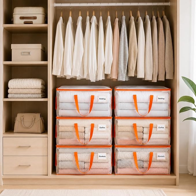 KYODOLED 6-Pack Clear Moving Bags Heavy Duty Extra Large, Storage Totes with Reinforced Handles & Label Pocket, Transparent Packing Containers for College Dorm, Clothes, Bedding, Home Organization