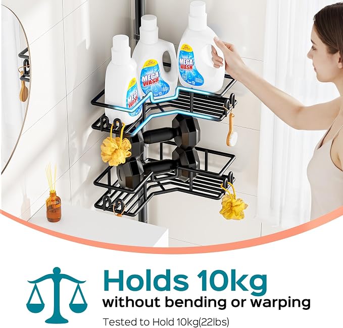 HAMITOR Shower Caddy Tension Pole: 4-Tier Adjustable Corner Organizer Black | Heavy Duty Rustproof L-Shaped Shelves- No Drilling Space-Saving Storage Rack for Family & Renters- 47.72-123.6 inch