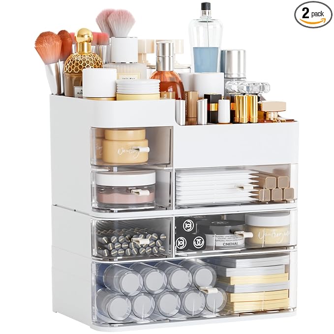 White Countertop Makeup Organizer with 6 Drawers,Large Capacity Skincare Organizers for Vanity,Desk,Dresser,Plastic Bathroom Counter Organizer for Beauty,Skin Care,Perfume,Make up Brush Organization