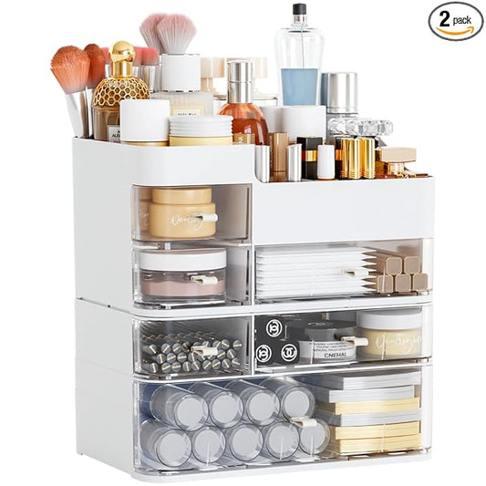 White Countertop Makeup Organizer with 6 Drawers,Large Capacity Skincare Organizers for Vanity,Desk,Dresser,Plastic Bathroom Counter Organizer for Beauty,Skin Care,Perfume,Make up Brush Organization