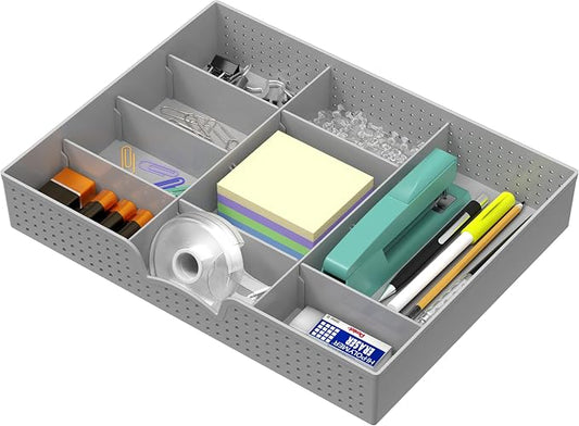 Simple Houseware Drawer Organizer Tray, 9 Adjustable Compartments, Gray | For Office, Makeup, and Craft Drawer or Desktop Storage