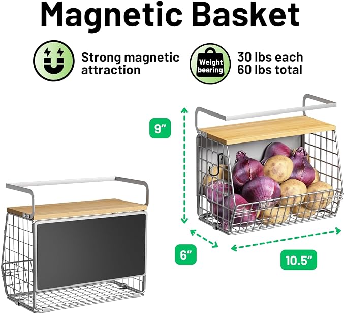 Magnetic Shelf for Fridge with Wood Lid, Fruit Potato and Onion Storage Bins, Pantry Organizers & Storage, Large Container Magnetic Spice Rack for Refrigerator, Kitchen Counter (Silver-gray, 1)