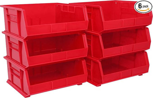 Akro-Mils 30250 AkroBins Plastic Storage Bins, 15"x16"x7", Red, 6-Pack | Space-Saving Stackable Bins for Garage, Pantry, Craft Organization