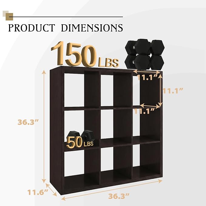WannabeMyself【2026 Wooden Thick Frame】 9 Cube Storage Organizer with Anti-Tipping Kits, Reversible Open Back Book Shelf,Bookcase for Living Room,Bedroom,Entrance Hall,Office,11.6×36.3×36.3,Chocolate