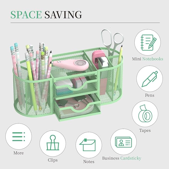 SUPEASY Mesh Desk Organizer, Desk Organizers and Accessories, Pen Holder with Drawers, Pencil Holder for Desk with 2 Drawer for Office Supplies, Mint Green