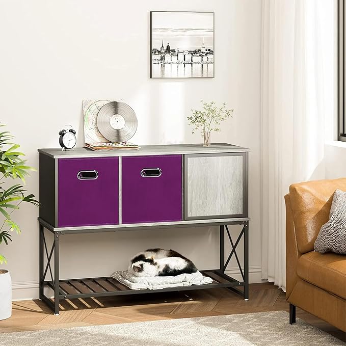 Black Foldable Storage Cubes Bins, Fabric Storage Box Cubes Organizer Baskets with Dual Handles for Home Organizer,Set of 3,(Purple)