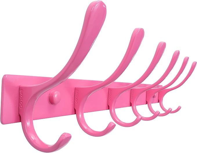 SKOLOO Coat Rack Wall Mounted - 6 Hooks, Heavy Duty, Stainless Steel, Metal Wall Hangers, Sturdy Coat Hooks for Hanging Coats, Jacket, Clothes, Hat, Pink