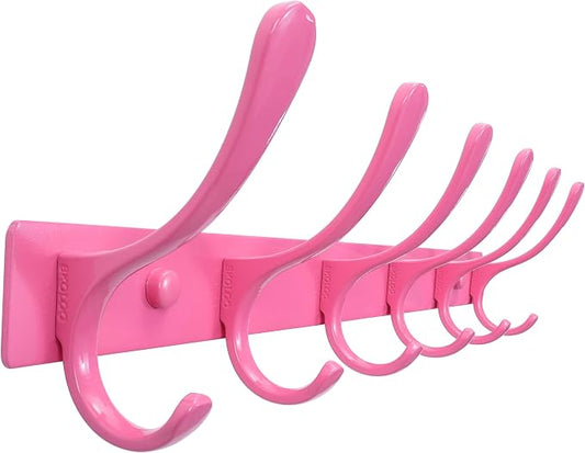 SKOLOO Coat Rack Wall Mounted - 6 Hooks, Heavy Duty, Stainless Steel, Metal Wall Hangers, Sturdy Coat Hooks for Hanging Coats, Jacket, Clothes, Hat, Pink