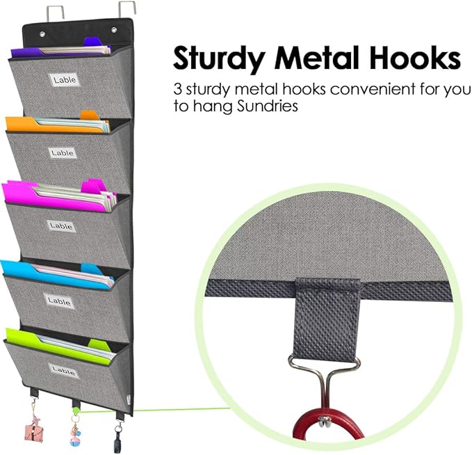 Over the Door File Organizer, Wall Hanging File Folders with 5 Large Pocket for Mails, Magazines, Back to School Supplies,Office Chart Storage, Paper Organization (Grey)