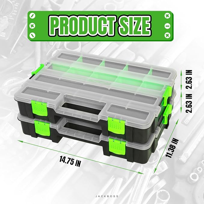 Jack Boss Tool Box with Transparent Lid, Single Side 17-Compartments Organizer Box with Removable Dividers for Hardware, Screws, Bolts, Nails, Beads, Jewelry and Fishing Accessories, Green, 2 Pack