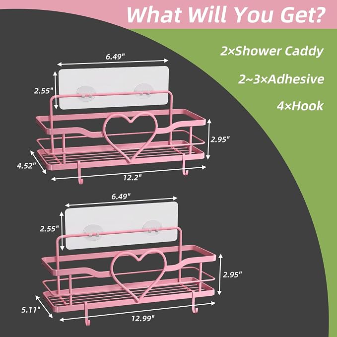 Pink Shower Caddy with 4 Removable Hooks, 2 Pack Sweet Heart Shower Shelves,No Drilling Adhesive Organizer Shelf for Bathroom Shower,Kitchen,Bedroom | Shower Shelf with 4 Removable Hooks,Holds 40 lbs,Rustproof Metal,For bathroom,kitchen,dorm,Cute Showe...