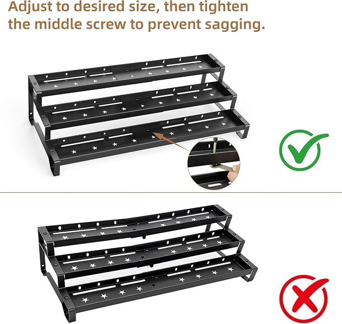 Expandable Spice Rack Organizer for Cabinet 3 Tier Spicy Shelf Black 1Pack | Adjustable Length 13"-21", Easy to See Labels, Sturdy Metal, Slip-Resistant Guardrails for Jars, Cabinet & Countertop Storage