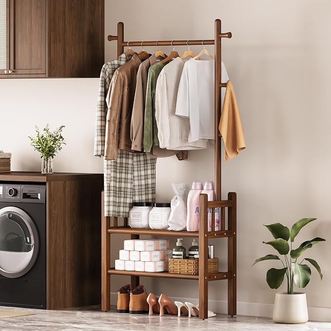 Yoobure Solid Wood Clothing Rack with Shelves - Coat Rack Freestanding with 6 Hooks, 3-in-1 Hall Tree for Hanging Clothes, Tall Garment Racks with Storage for Bedroom, Entryway, Living Room, Closet