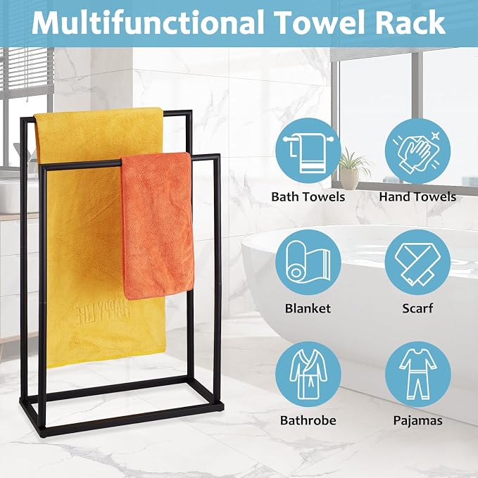 Free Standing Towel Rack, 2 Tier Towel Racks for Bathroom, Modern Outdoor Towel Drying Rack for Poolside, Black, DECLUTTR