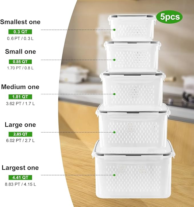 5 PCS Large Fruit Containers for Fridge - Leakproof Food Storage Containers with Removable Colander - Dishwasher & microwave safe Produce Containers Keep Fruits, Vegetables, Berry, Meat Fresh longer | with Removable Colander Leakproof Dishwasher & Micr...