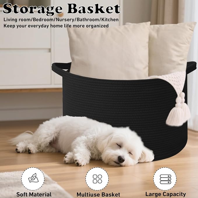 65L Large Blanket Basket,Woven Rope Laundry Basket-Black | Collapsible, reinforced handles, nursery storage bin organizes clothes, toys and pillows for living room, bedroom bathroom.