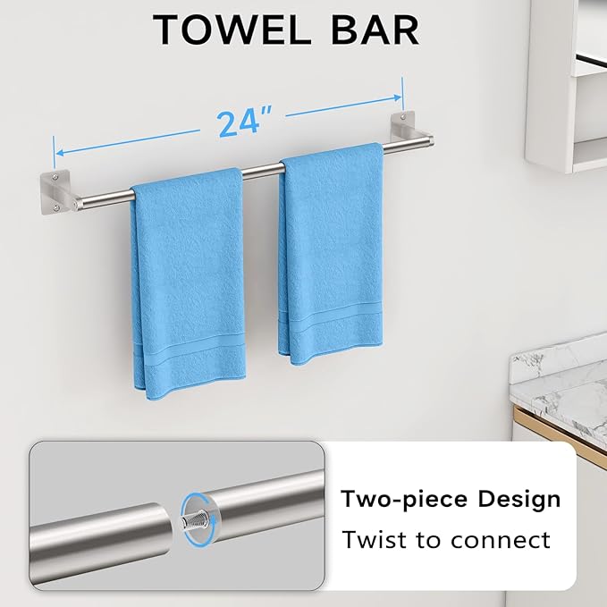 KLJKPA 10-Piece Brushed Nickel Bathroom Hardware Set, 24 inch Towel Bar | Towel Racks for Bathroom Accessories Set, Robe Towel Hooks, Toilet Paper Holder Wall Mounted