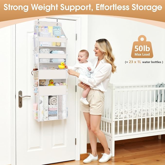 WISELIFE 5-Tier Over the Door Organizer for Hanging - 50LB Heavy-Duty Back of Door Organizer with 5 Spacious Pockets & 13 Mesh Pockets, Multipurpose Storage for Nursery, Bedroom, Closet(1 Pack, Beige)
