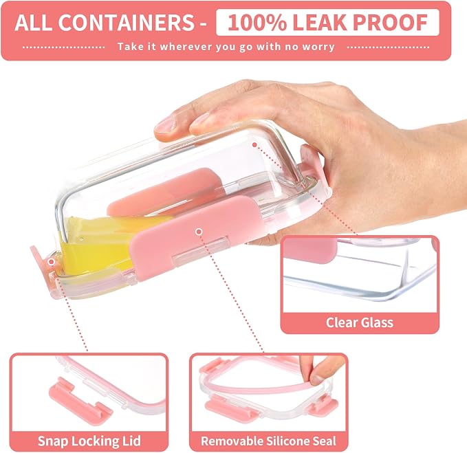 GULFLIN 12-Pack, 22oz Glass Meal Prep Containers with Lids, Pink Set | Glass Food Storage Containers, Great for Leftovers and Taking Your Lunch to Work. Perfect size.