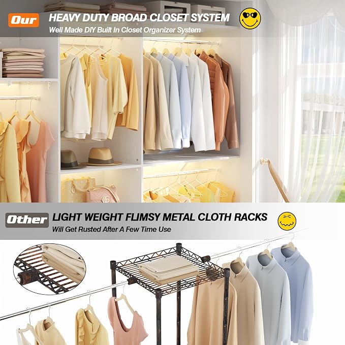 8FT Closet System with 3 Wooden Storage Shelves, 96'' Closet Organizer System with 3 Hanging Rods, Wall Mount Bedroom Wardrobe Walk-in Closet, Adjustable Garment Rack from 5 to 8FT (Cut to Fit), White