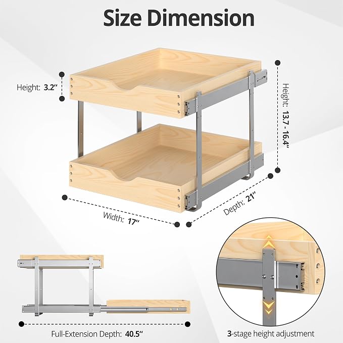21" Deep 2-Tier Pull Out Cabinet Organizer - Wood Pull Out Drawers | Slide Out Shelves, Full-Extension, Ball-Bearing Slides, 3 Adjustable Heights (2-Tier, 20''W X 21''D Overall)