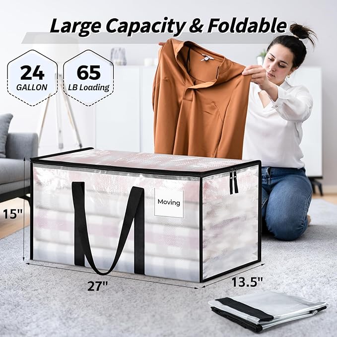 8 Pack Extra Large Clothes Storage Bins with Lids, Storage Bags with Reinforced Handles & Heavy-Duty Zippers, Moving Bags, Moving Boxes Totes for Clothes Packing, Dorms, College Supplies, Clear