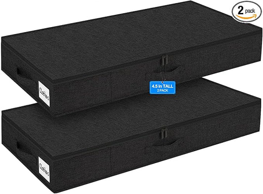 punemi 4.5 in Tall Low Profile Under Bed Storage Containers, 2 Pack, Black | Structured Clothes Organizer Bin with Reinforced Sides & Bottom, Shallow Design for Dorm, Couch, Crib & Closet Storage