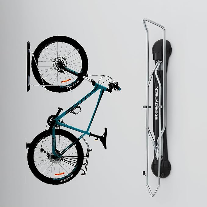 Steadyrack Swivel Bike Wall Mount, Vertical Mountain Bike Rack, Garage | Fits 24 to 29 in wheels and 2.1 to 2.8 in tires. Roll-in, no lift, holds mountain and gravel bikes to 77 lb.