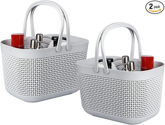 Plastic Portable Shower Caddy Basket, Storage Organizer, Grey, 2 Pack | Bottom Drain Holes, Keep Dry, Sturdy and Durable, Easy to Carry for Bathroom, Kitchen, Dorm Room, RV, College