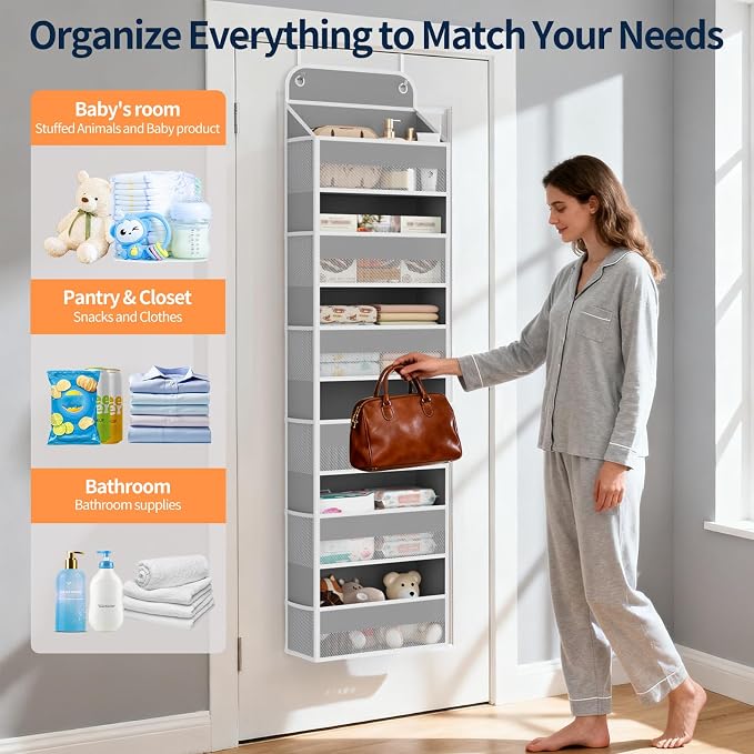 Yecaye 6 Tier Over the Door Organizer, 52.8lbs Capacity Door Organizer Hanging with 12 Mesh Pockets, Behind the Door Storage for Closet Baby Nursery Bathroom Bedroom,and Dorm,1Pc