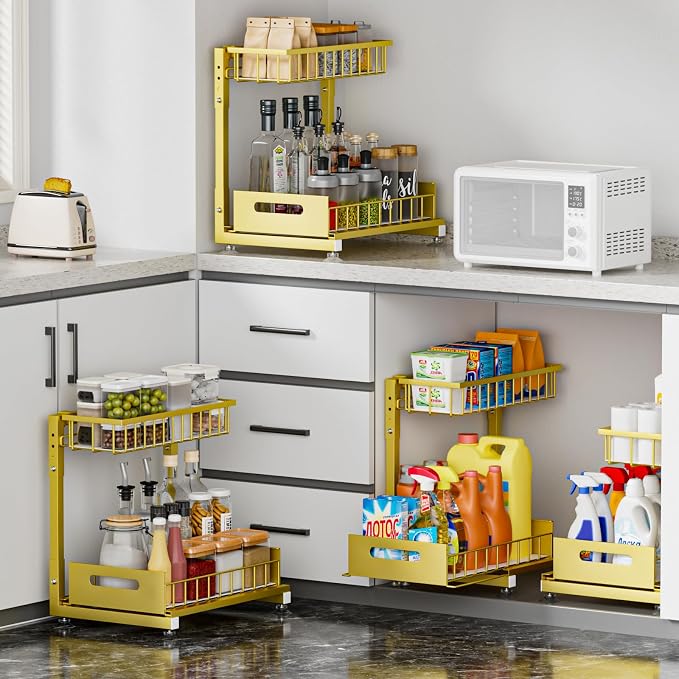 L-Shaped Under Sink Organizer, 2-Tier Pull-out Cabinet Rack 1-Pack | Gold Height-Adjustable Steel Rack, Sliding Grid Drawers with PP Liners, Holds 100 Lbs, Suction Base, Ideal Kitchen Storage