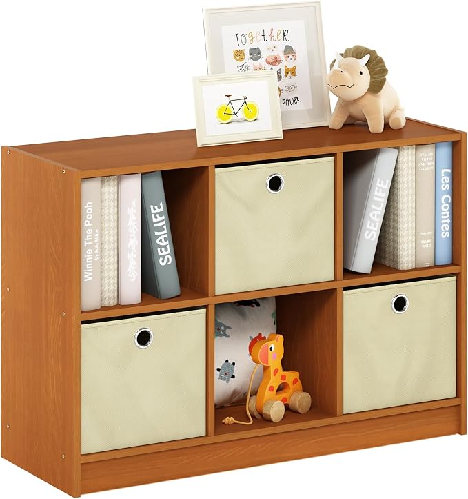 Furinno Basic 3x2 Bookcase Storage w/Bins, Light Cherry/Ivory