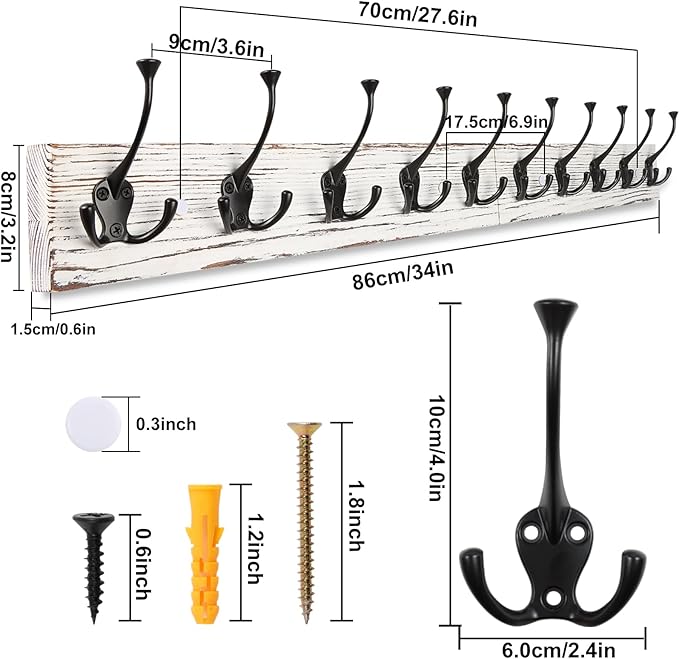 IBosins Vintage White Wall Mounted Coat Rack, 34" Long with 10 Tri-Hooks | Heavy Duty, Wooden Coat Hanger Wall Mount, Rustic Coat Hooks Rail for Entryway, Living Room, Coat, Scarf, Bag, Towel, Hat