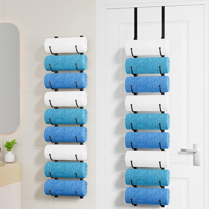 HapiRm Rolled Towel Racks for Bathroom - 9-Tier Over The Door & Wall Mounted Bathroom Towel Storage, Hanging Metal Organizer for Towels & Bath Sheets, Space Saving Rack for Bathroom, Camper, RV, Black