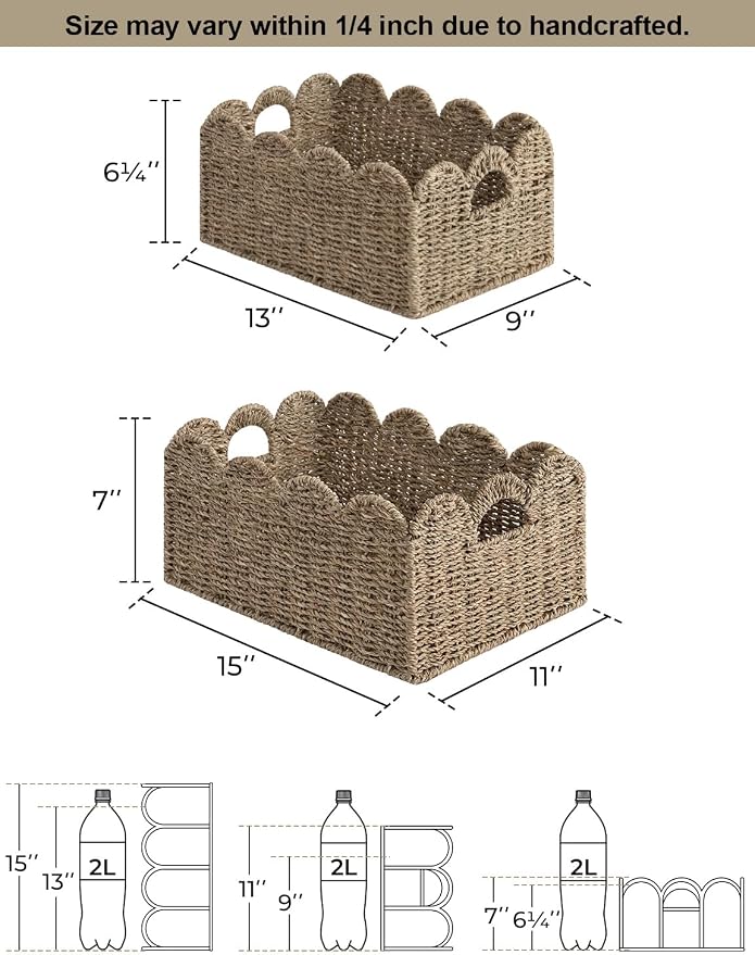 StorageWorks Scalloped Wicker Basket, Woven Baskets for Storage, Rattan Baskets with Handles, Seagrass Basket for Organizing and Decor, 2 Pack