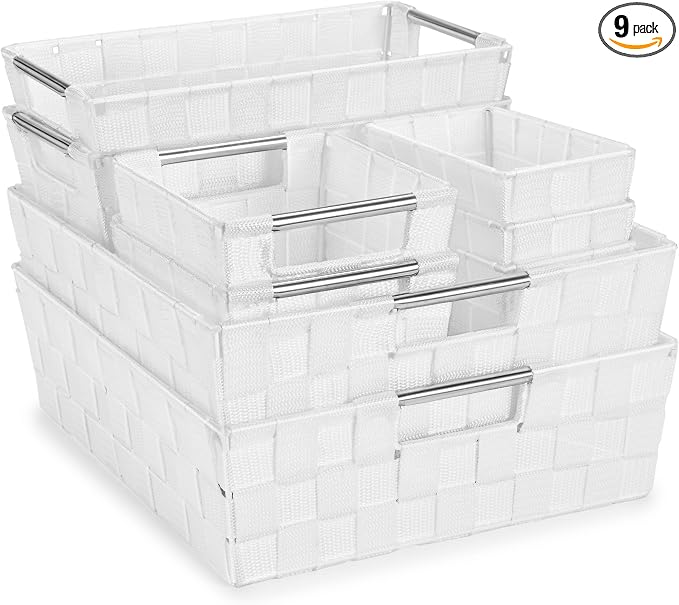 Sorbus Set of 9 Woven Storage Baskets – Mesh Hand-Woven Baskets for Organizing, Fabric Storage Bins for Linen Closet Organizer, Storage Baskets for Shelves, Home Organization and Decor (White)